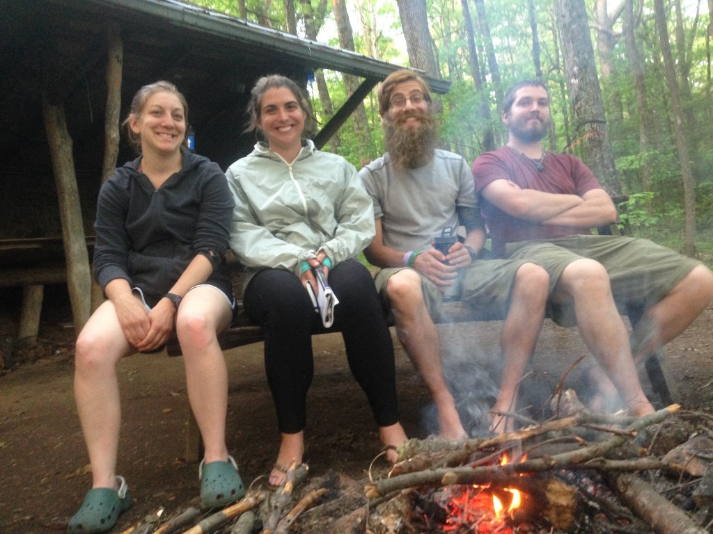 My favorite part of every day has become evenings around the campfire. Pictured L-R: Hiccup, Michelle (section hiking), Carver, and Balto