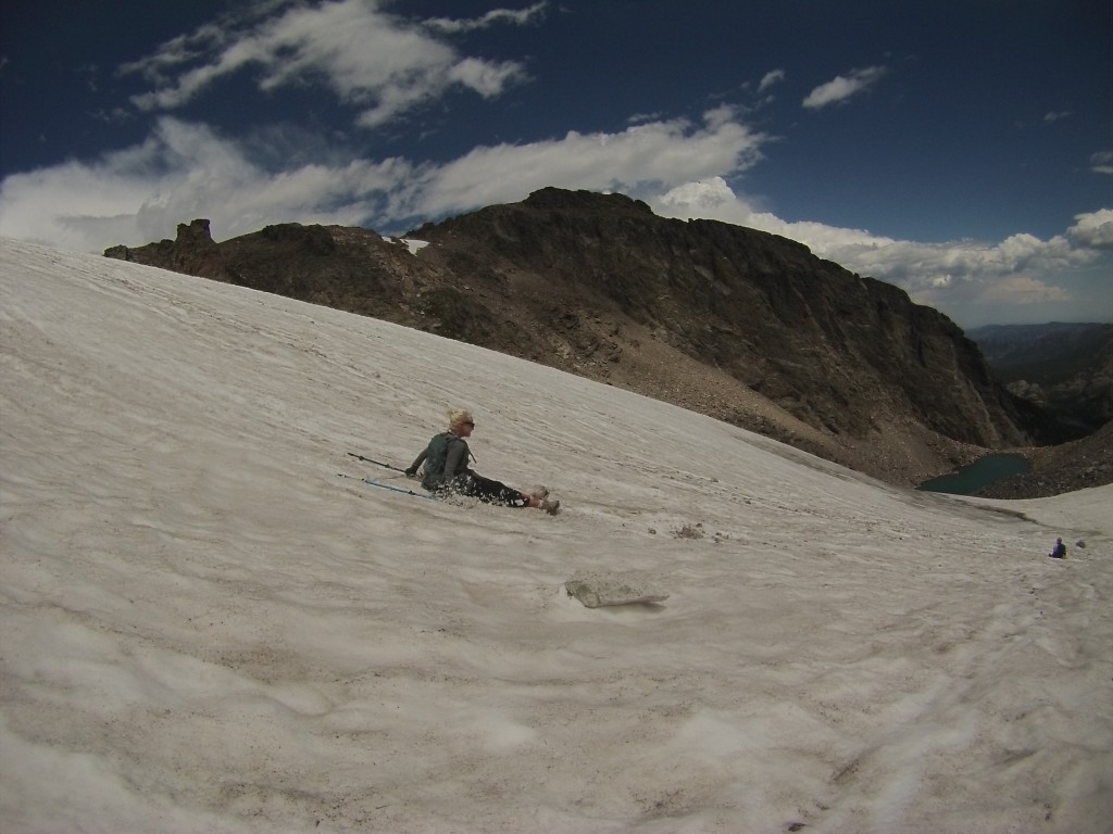 This is a great action shot of my cousin while she fearlessly glissaded down a glacier. Always remember to gauge a beginner hiker's reaction to difficult terrain. Never continue a hike if you are sensing fear or anxiety from your friend or family member.