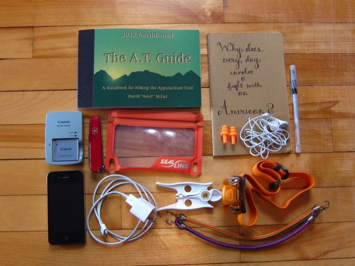 photo of appalachian trail gear and phone used for blogging