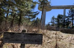 Mountains-to-Sea Trail sign in the foreground, and Clingman’s Dome tower in the background.