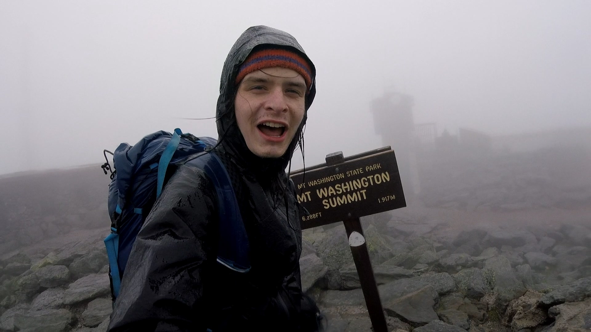 Standing atop summit of Agiocochook, AKA Mt. Washington, in the rain