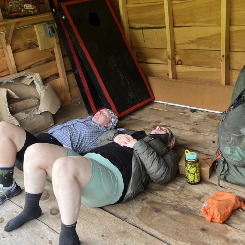 Baby Legs and Panic avoiding the rain in the wood shed at The Oxbow Inn.