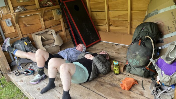 Baby Legs and Panic avoiding the rain in the wood shed at The Oxbow Inn.