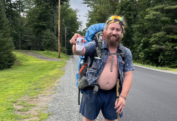 Tarzan and his trail magic score. An ice cold Molson while walking through Piseco!