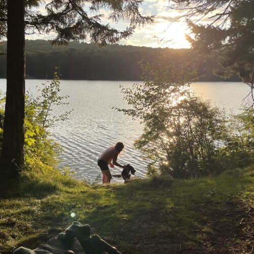 Tarzan at the shore of Spruce Lake at Golden Hour