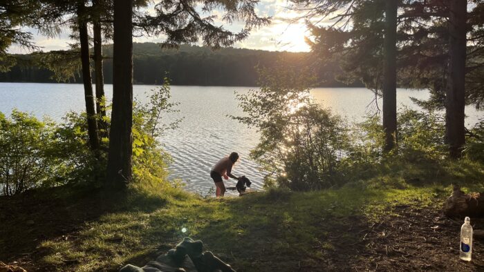 Tarzan at the shore of Spruce Lake at Golden Hour