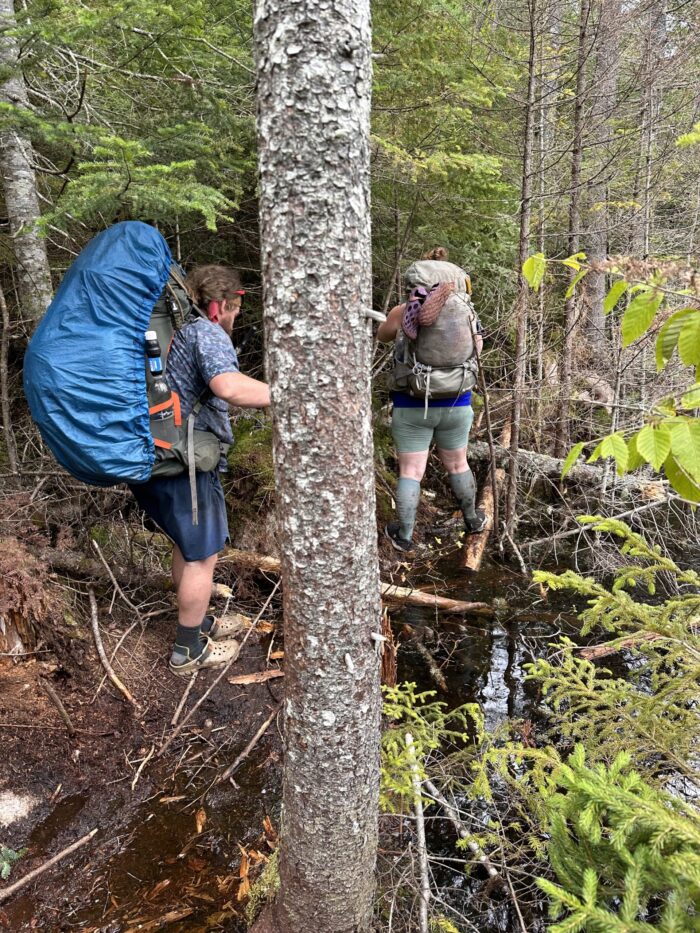 Trying to navigate the flooded trail and the beaver bog headed to Cedar Lakes in the West Canada Wilderness.