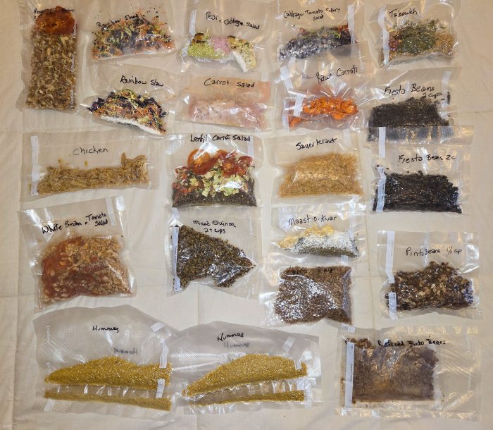 Image of home dehydrated beans and salads including rainbow slaw, carrots, hummus, pinto beans, chicken, mixed quinoa and others