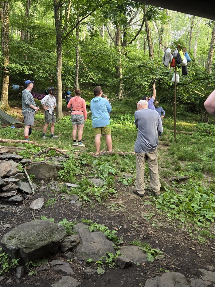 Group of campists looking at a person hang food bags in a bear post. 