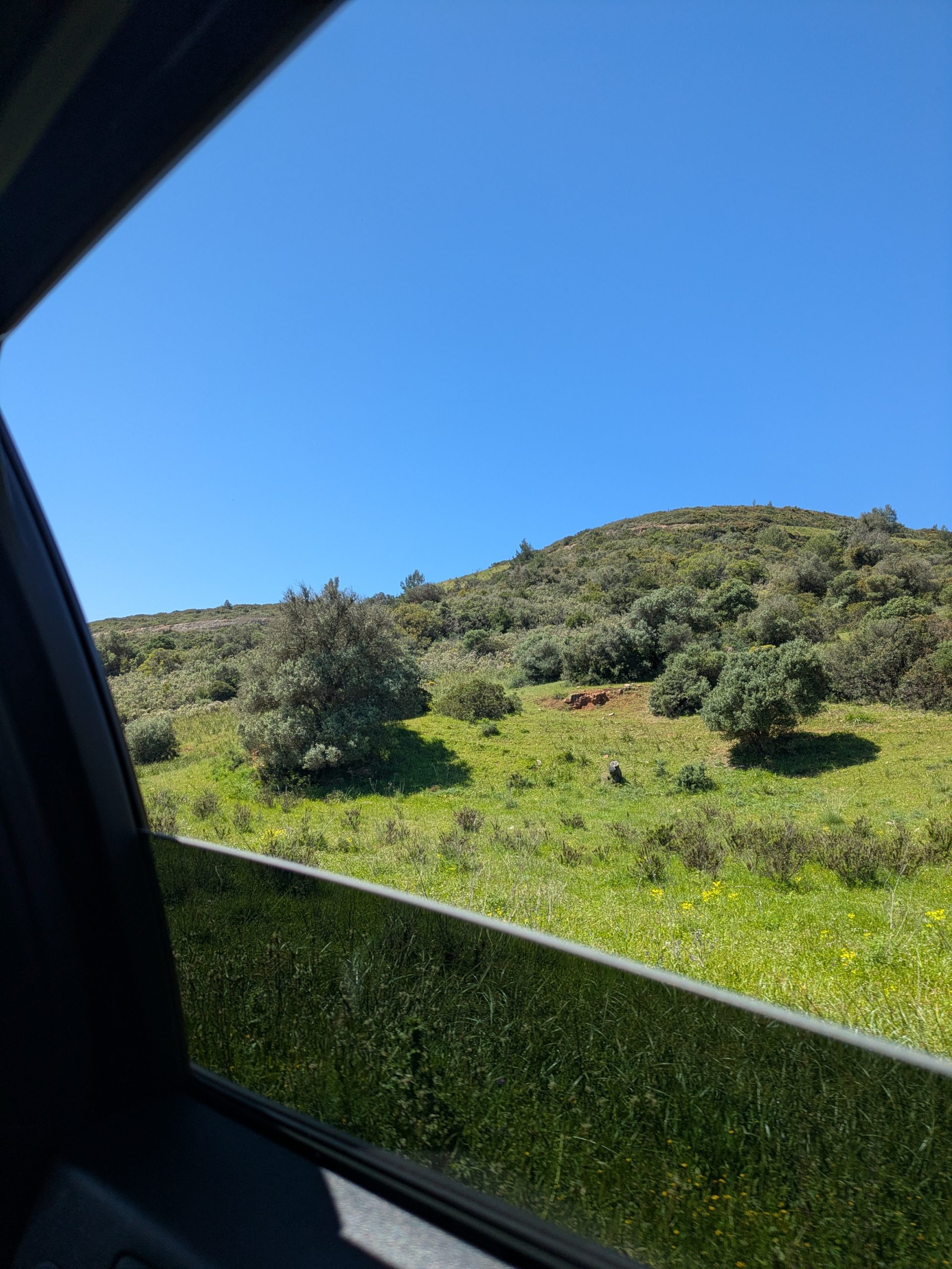 View from the window of a car while driving along the coast near light on the path of fishermen in Portugal, showing a temporary change from the trip of the feet to driving