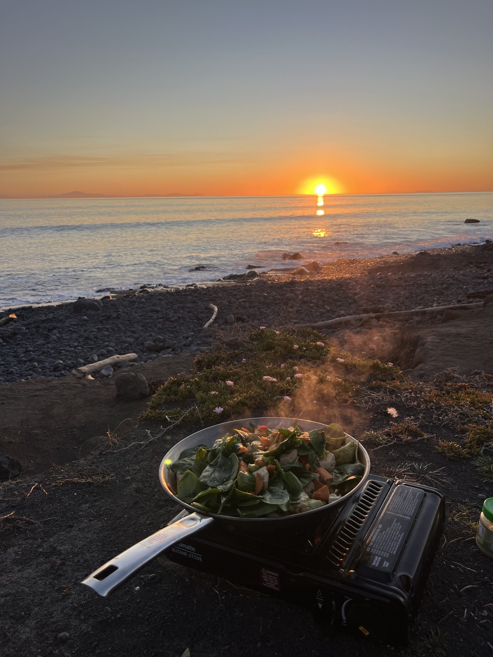 Un diseño de vegetales se está cocinando en una estufa de campamento, frente a la playa al atardecer.
