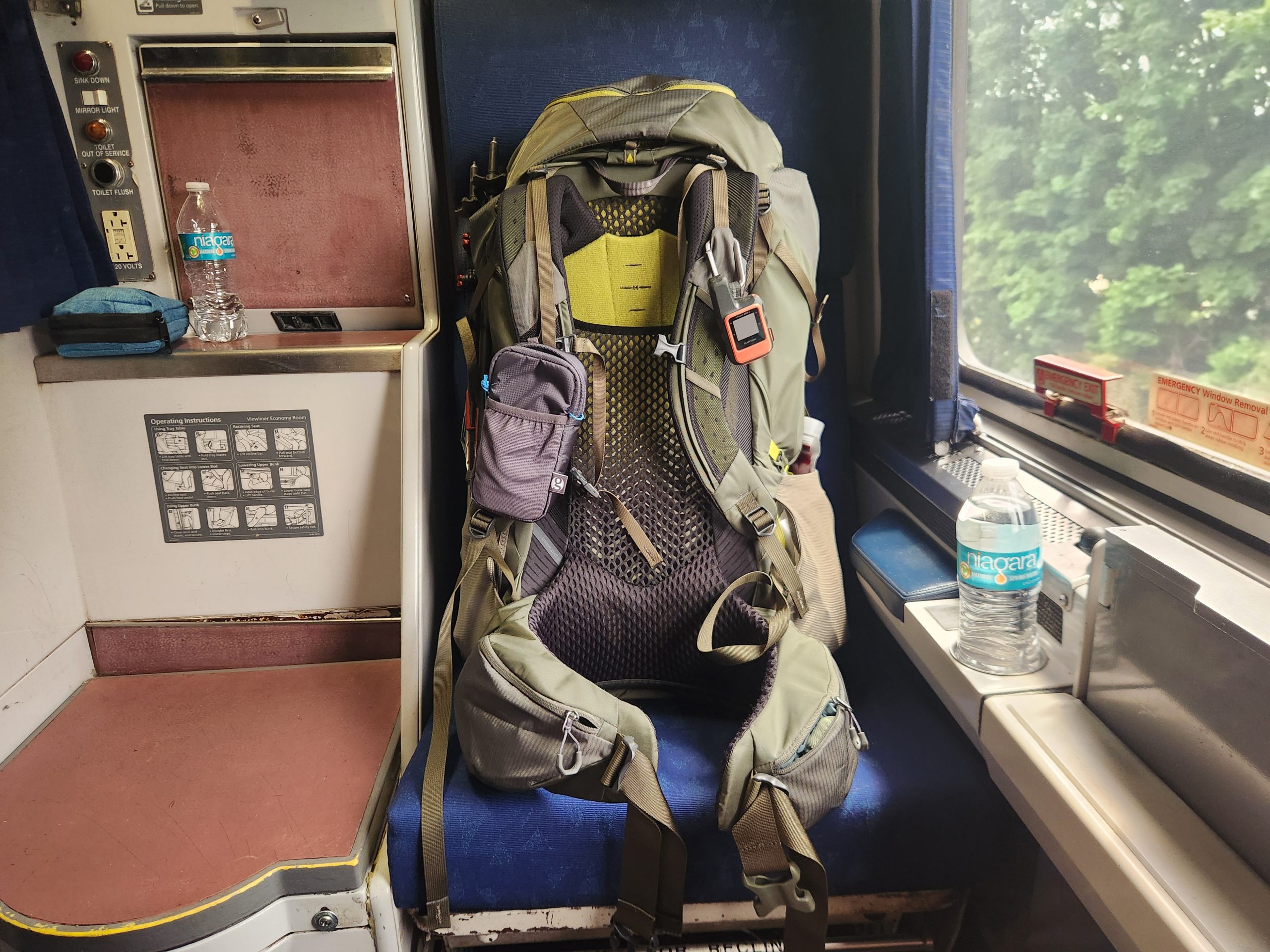 Gregory Zulu 65 package on an Amtrak train seat heading to Appalachian Trail 2026.