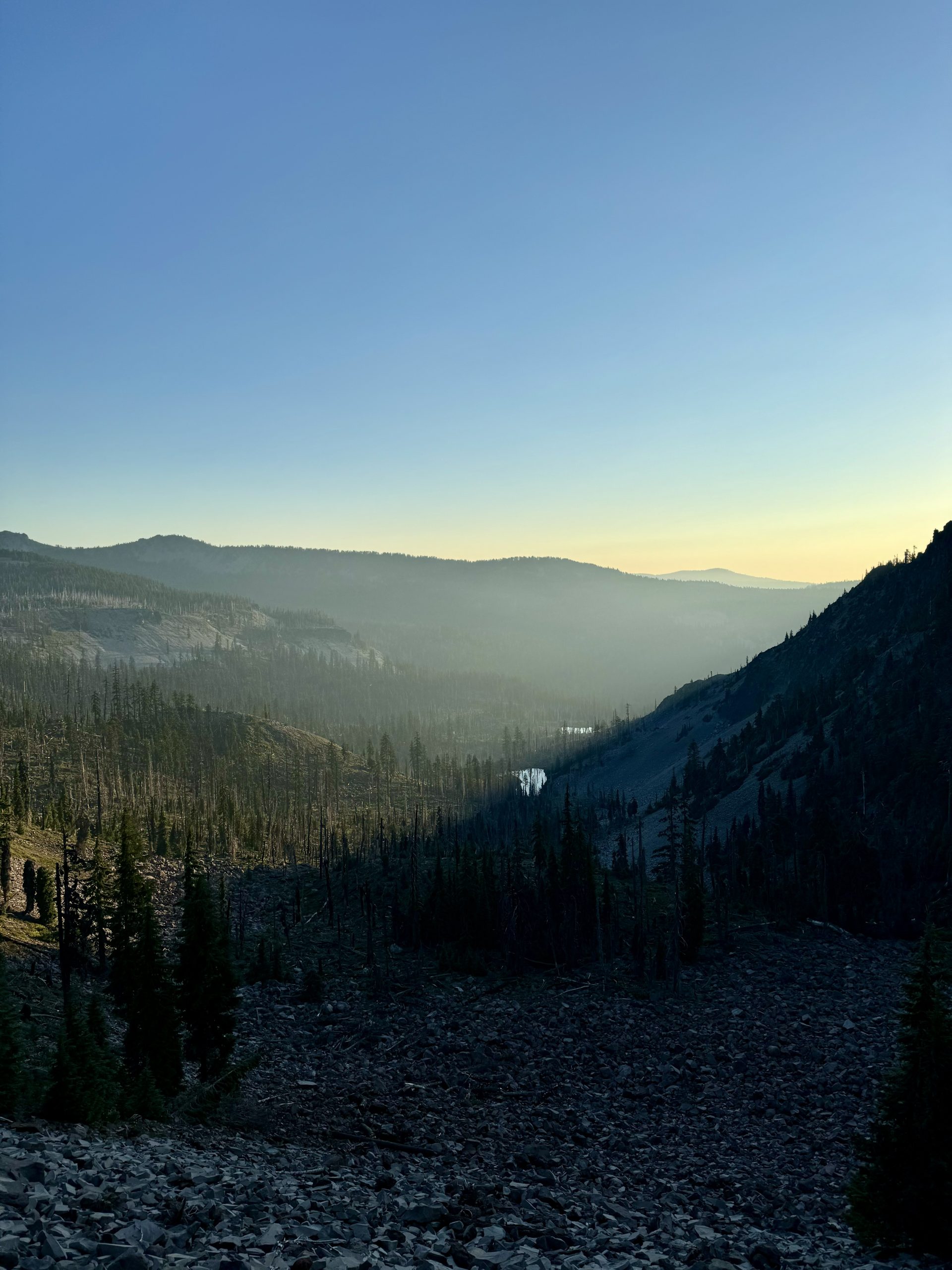 Foggy trail of a nearby wildfire in Oregon.