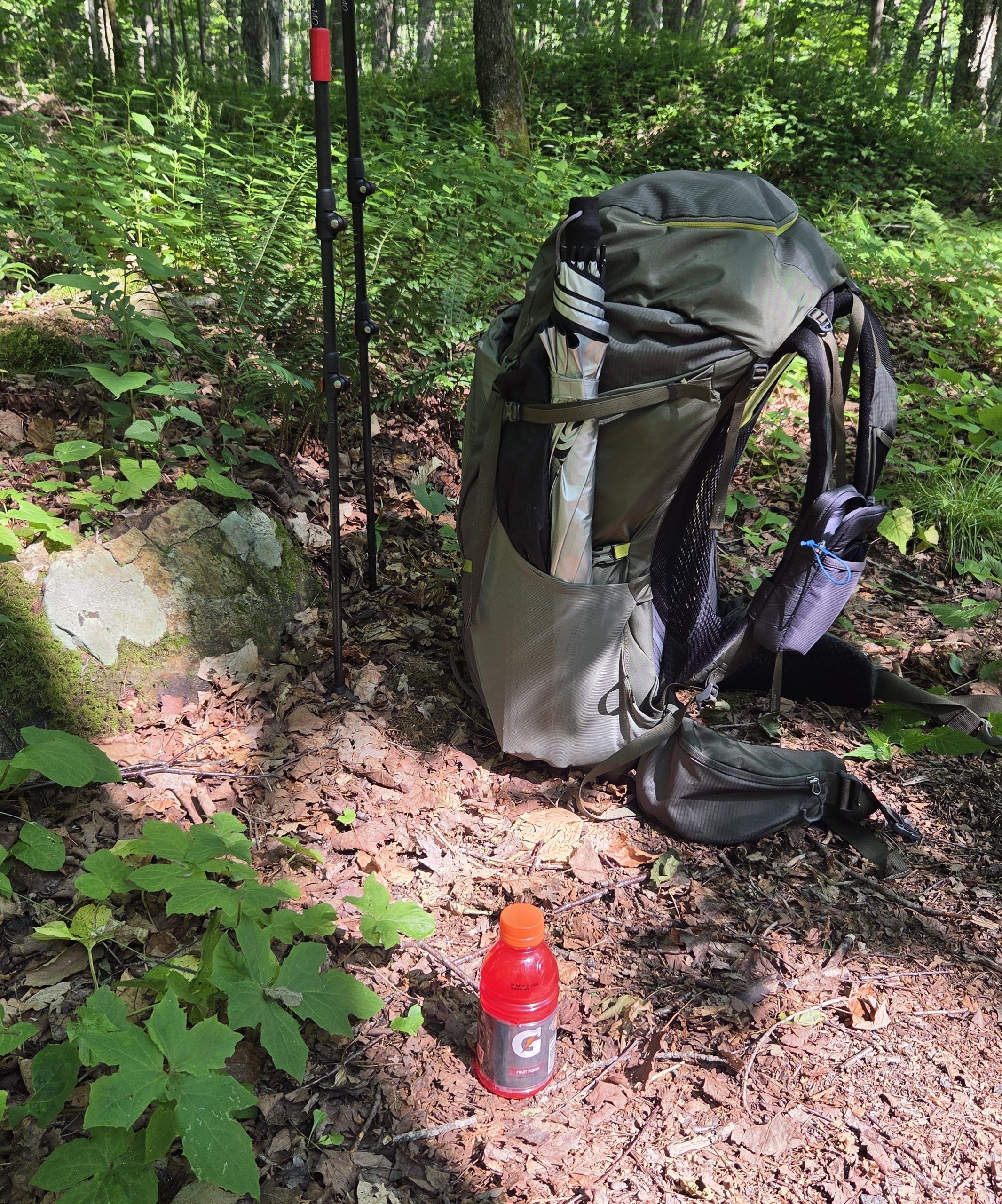 A red Gatorade bottle on the leaf-covered ground next to a hiking backpack and trekking poles in a sunlit forest.