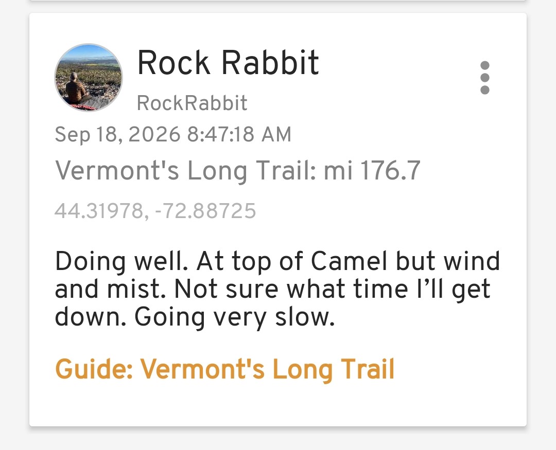 Trail map checking in noting fog and rain and going slow.