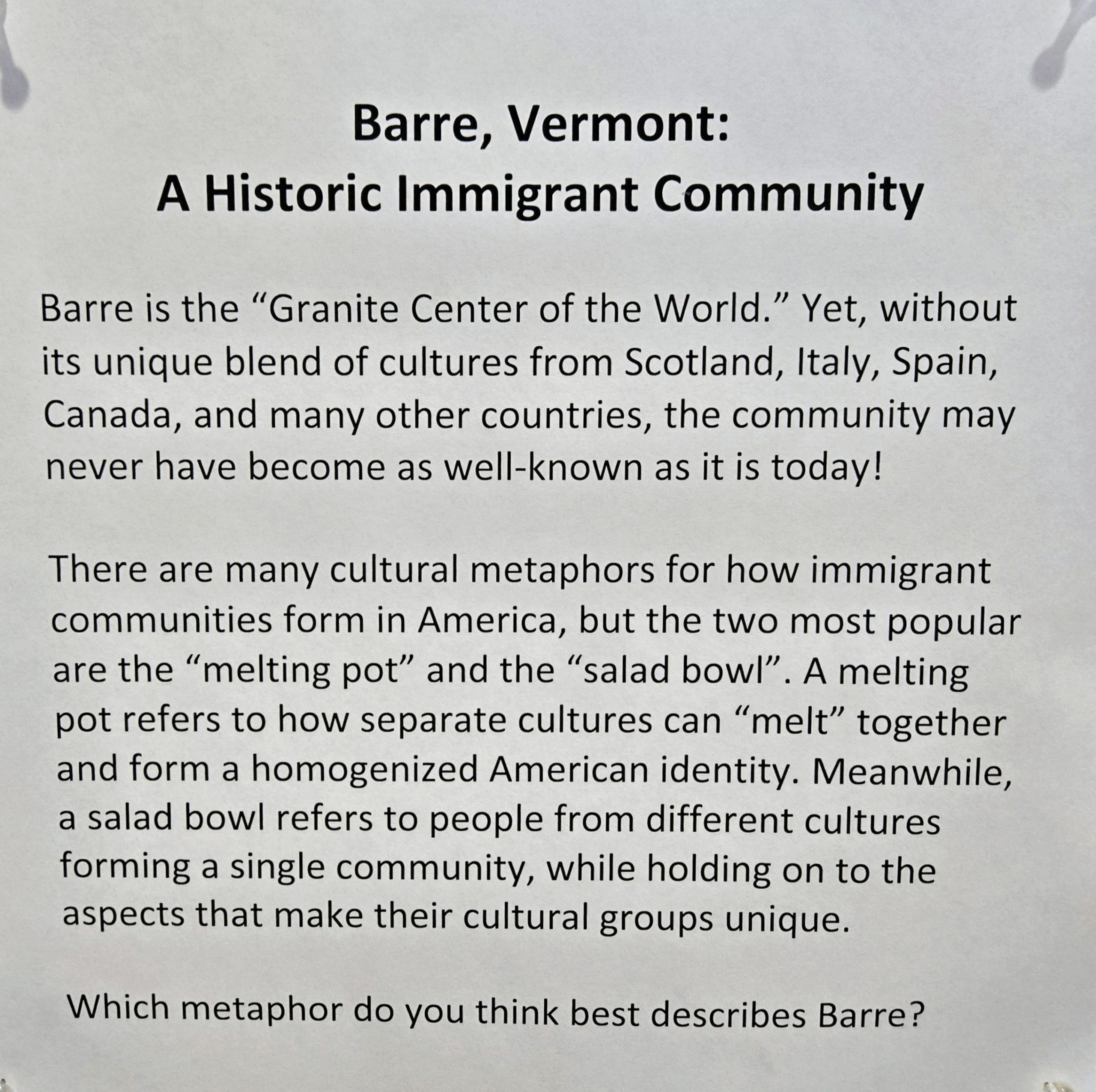 Museum sign explaining arrival of workers from Scotland, Spain and italy
