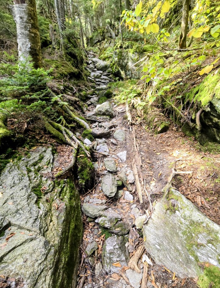 Large rock with a trail walking underneath it on the left over smaller rocks