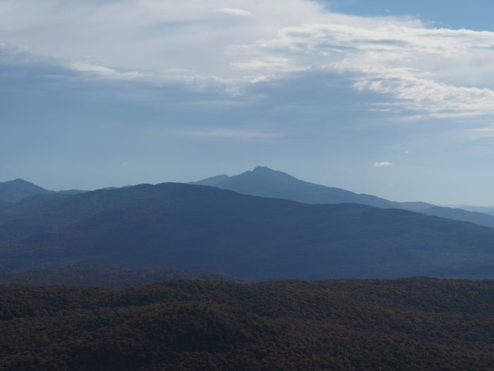 Distance view of tall mountains in shades of blue