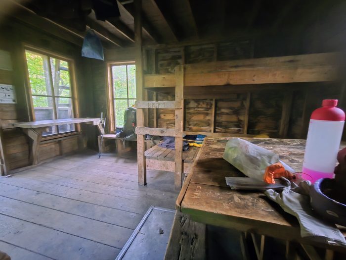 Interior of a rustic camp on the long trail